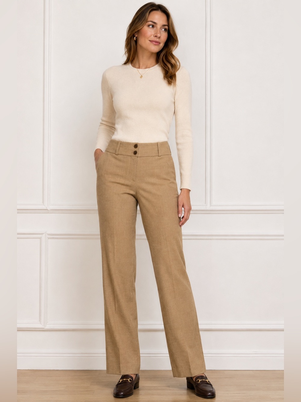 Talbots Pants Womens 2 Petite Wool Camel Tan Straight Leg Trouser Career Italy